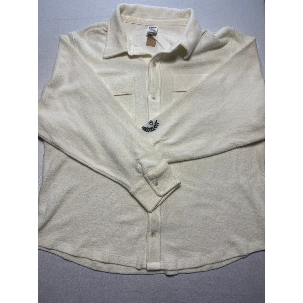 PINK Victoria's Secret Women L Cream Fleece Button Down Shirt Logo NWT Ivory